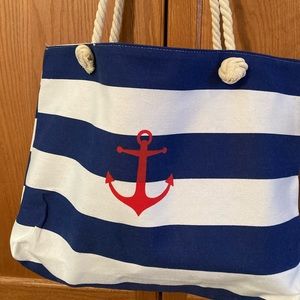 NAUTICAL inspired canvas beach pool bag. With rope strap and a Red Anchor